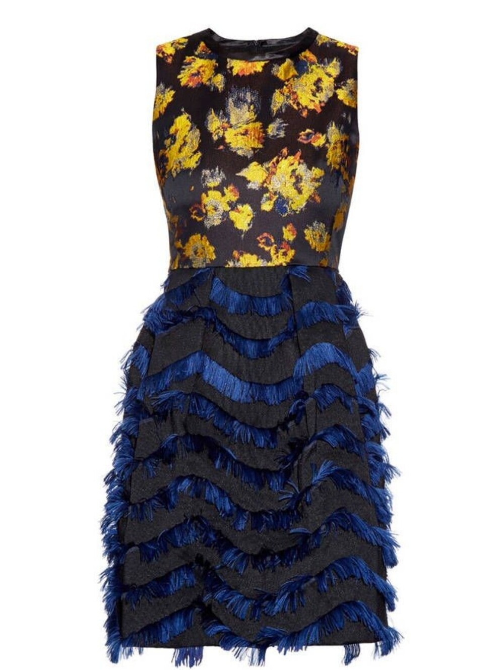 Max Mara Sportmax Turbigo Metallic Gold Floral Jacquard Blue Fringe Dress Size 2